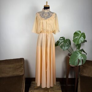 Vintage 70s Peach Chiffon Prom Dress | Flutter Sleeves, ILGWU USA